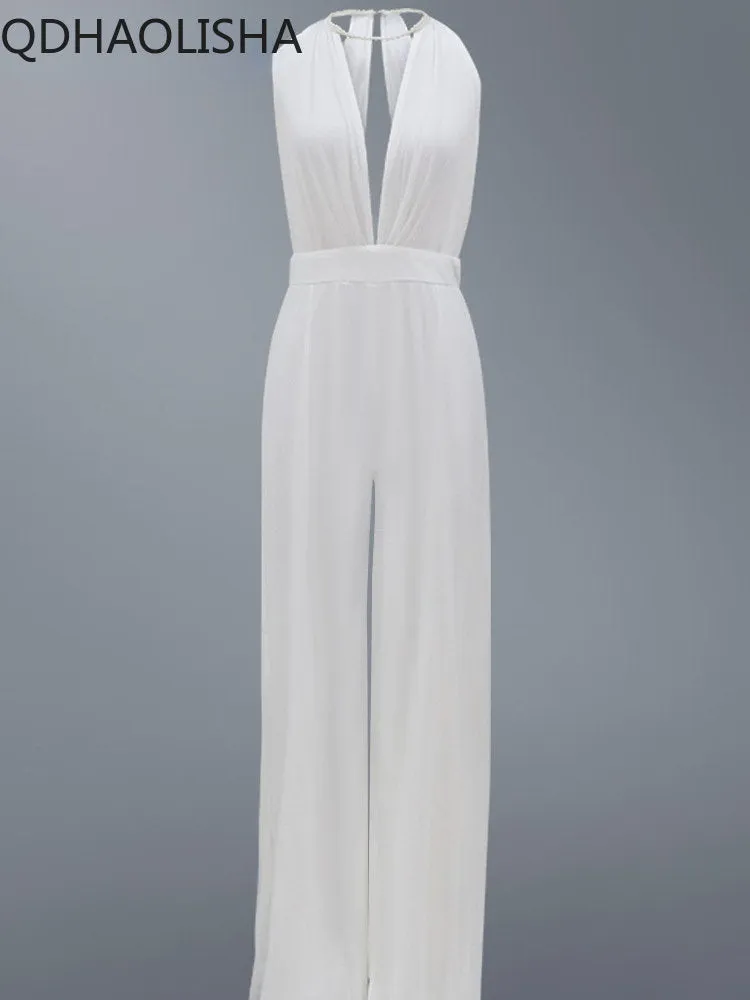 2023 New Women's Sexy Deep V Hanging Neck Jumpsuit Casual Pants Women Jump Suits for Women  Loose Jumpsuit Streetwear Overalls