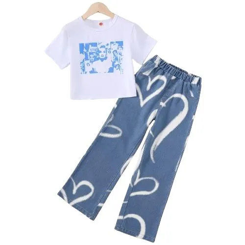 7-14Y Retro Figure Print 2pcs Girl's Short Sleeve T-Shirt Top   Heart Pattern Jeans Casual Pants Set, Summer Girls Outfit 7-14y Catpapa 462312024