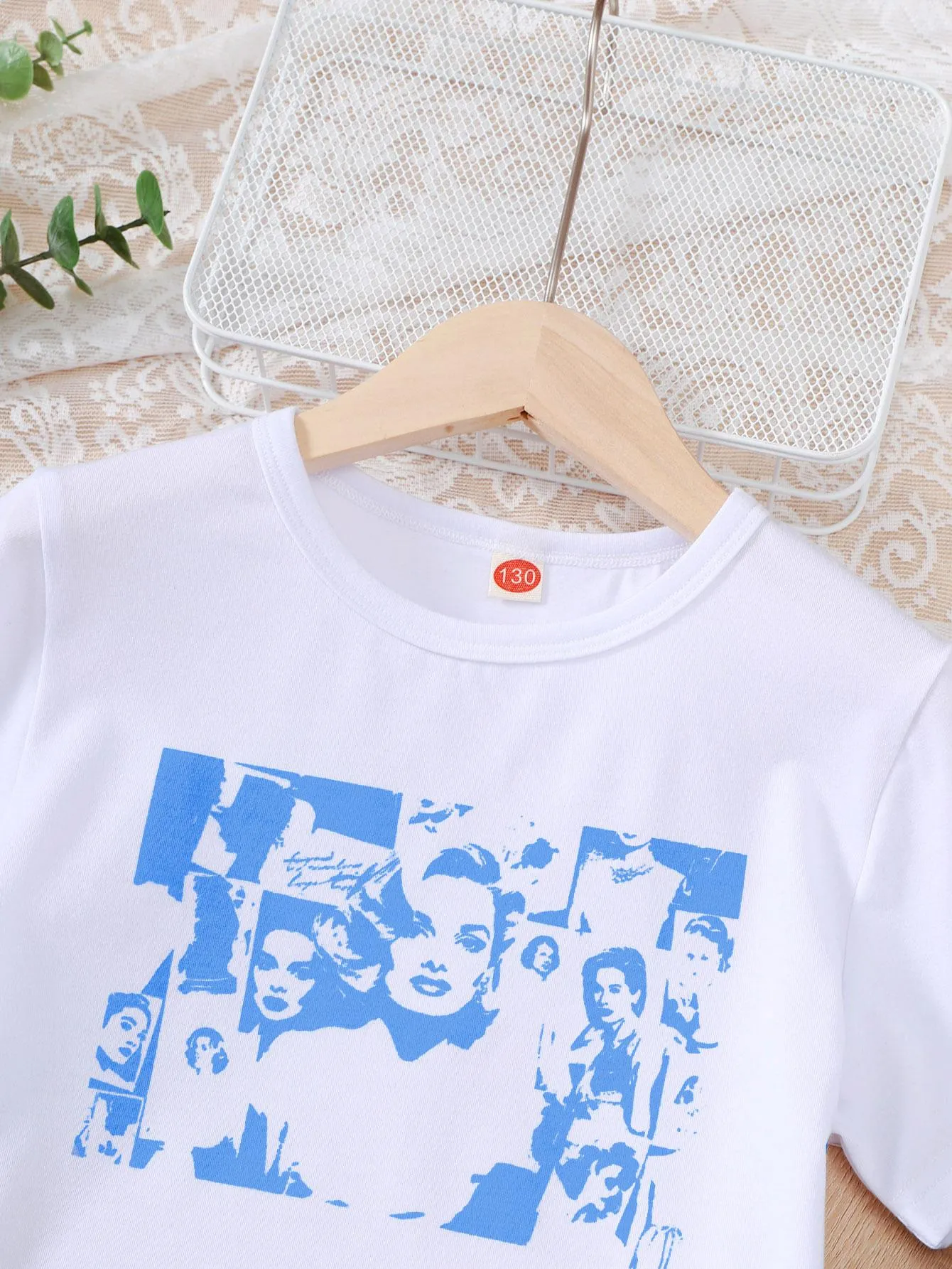 7-14Y Retro Figure Print 2pcs Girl's Short Sleeve T-Shirt Top   Heart Pattern Jeans Casual Pants Set, Summer Girls Outfit 7-14y Catpapa 462312024