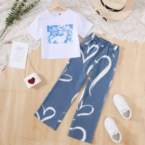 7-14Y Retro Figure Print 2pcs Girl's Short Sleeve T-Shirt Top   Heart Pattern Jeans Casual Pants Set, Summer Girls Outfit 7-14y Catpapa 462312024