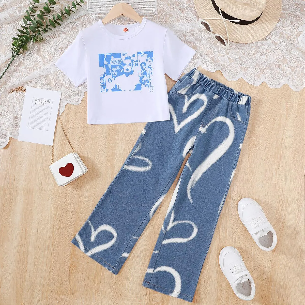 7-14Y Retro Figure Print 2pcs Girl's Short Sleeve T-Shirt Top   Heart Pattern Jeans Casual Pants Set, Summer Girls Outfit 7-14y Catpapa 462312024