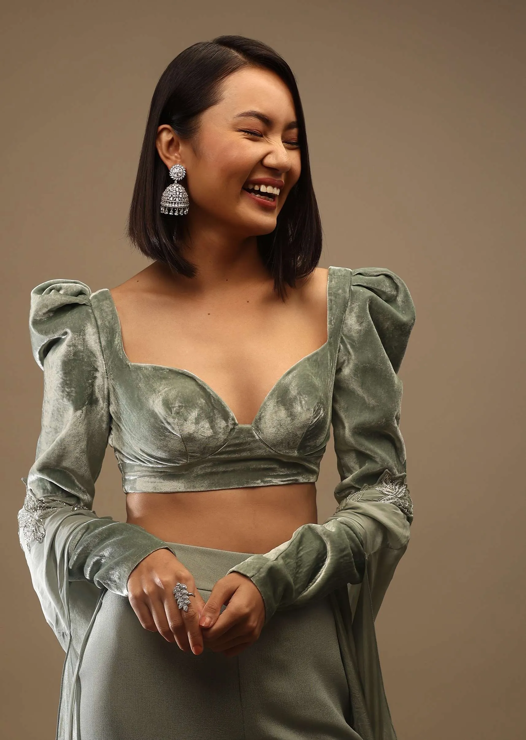 Iceberg Green Velvet Full Sleeves Blouse With A Plunging Neckline Back Hooks Closure With A Tie-Up Tassle Dori