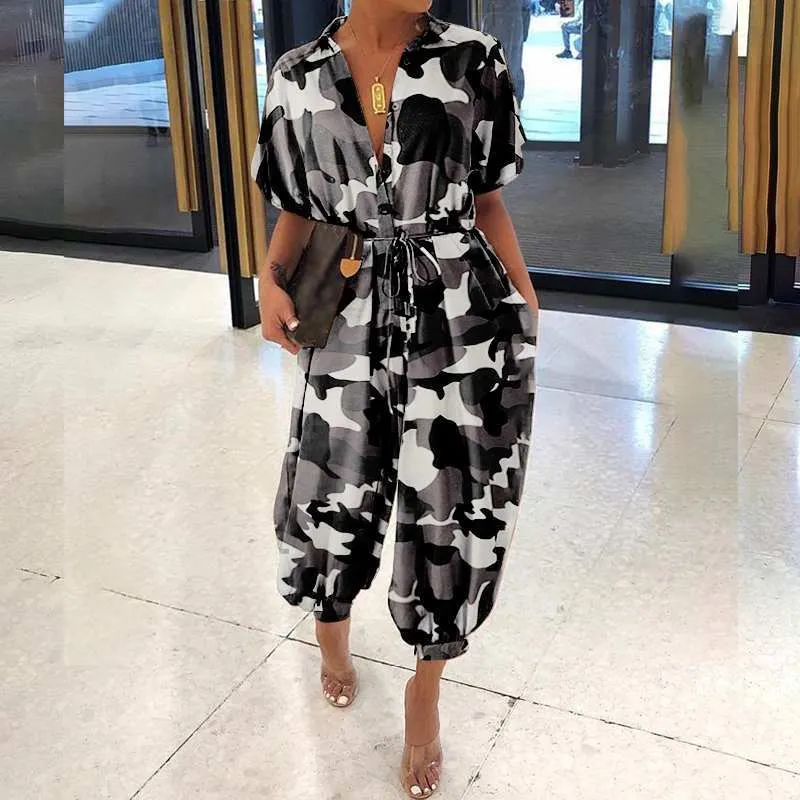 New Leopard Print Jumpsuit for Women Retro Short Sleeved Button Casual Pants Loose Fit Jump Suits for Women