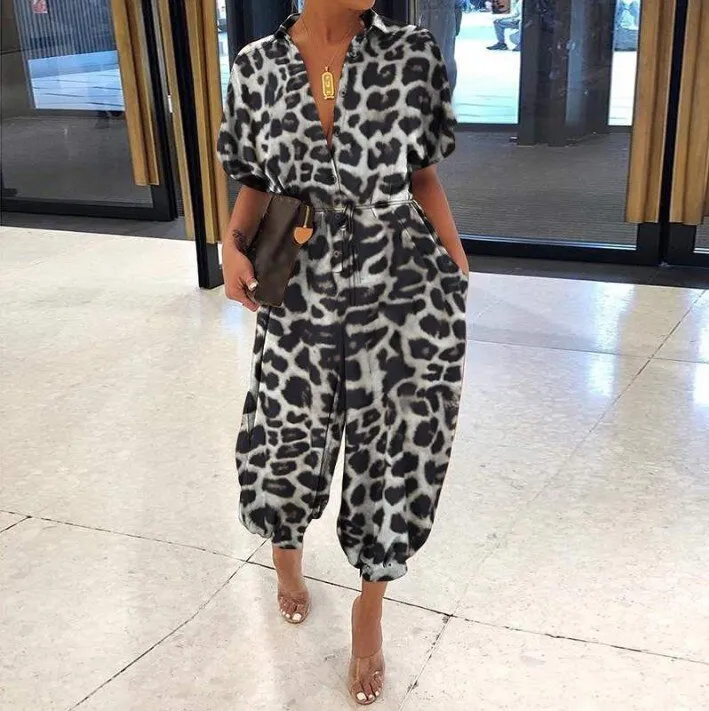 New Leopard Print Jumpsuit for Women Retro Short Sleeved Button Casual Pants Loose Fit Jump Suits for Women