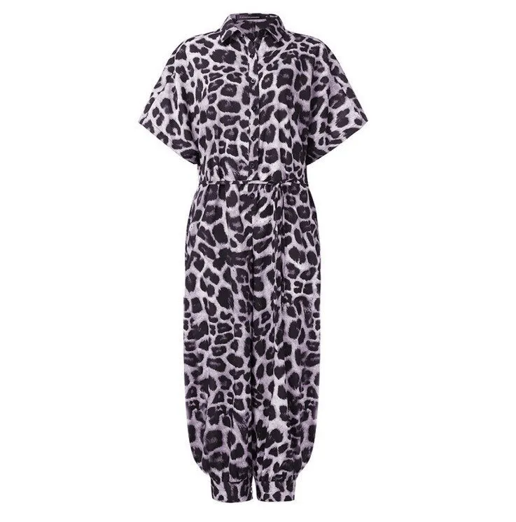New Leopard Print Jumpsuit for Women Retro Short Sleeved Button Casual Pants Loose Fit Jump Suits for Women
