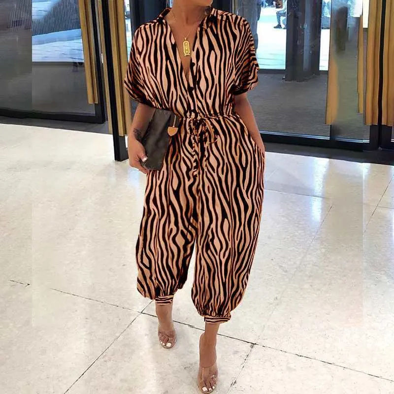New Leopard Print Jumpsuit for Women Retro Short Sleeved Button Casual Pants Loose Fit Jump Suits for Women