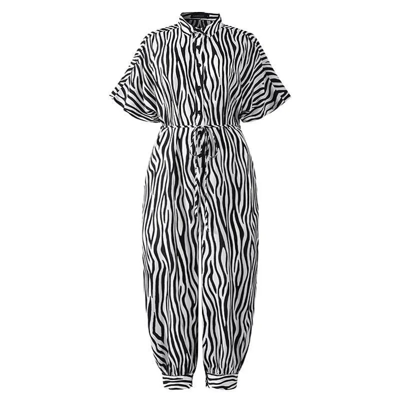 New Leopard Print Jumpsuit for Women Retro Short Sleeved Button Casual Pants Loose Fit Jump Suits for Women