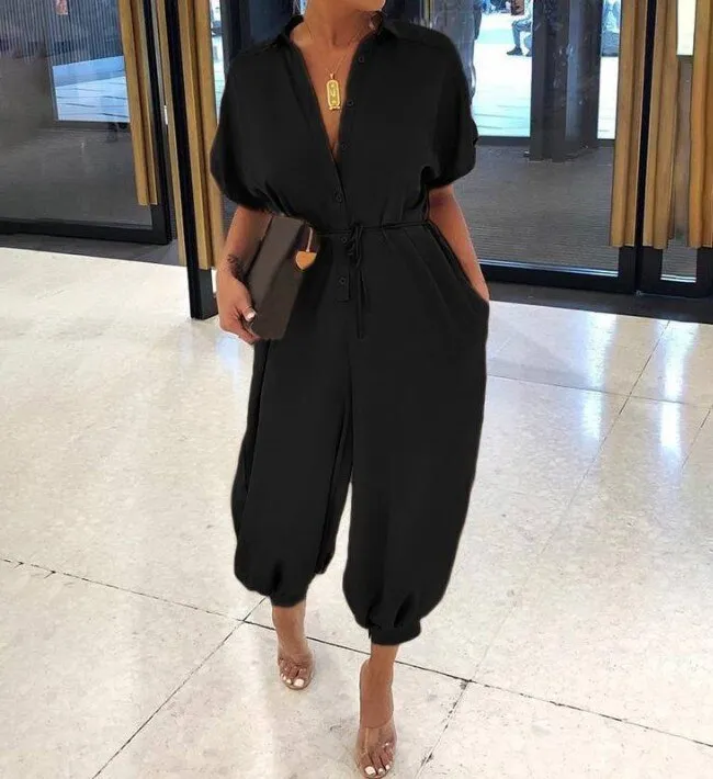 New Leopard Print Jumpsuit for Women Retro Short Sleeved Button Casual Pants Loose Fit Jump Suits for Women