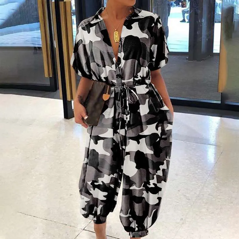 New Leopard Print Jumpsuit for Women Retro Short Sleeved Button Casual Pants Loose Fit Jump Suits for Women