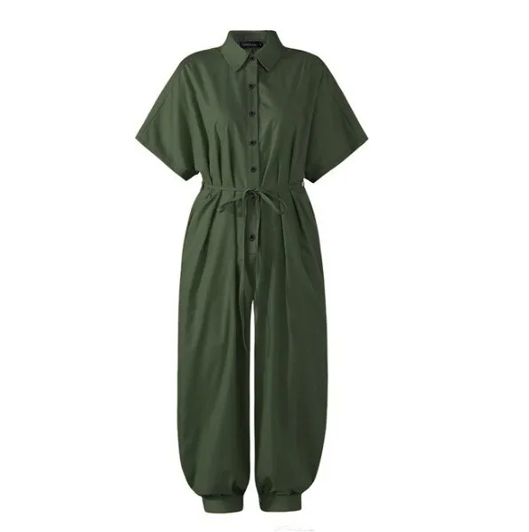 New Leopard Print Jumpsuit for Women Retro Short Sleeved Button Casual Pants Loose Fit Jump Suits for Women