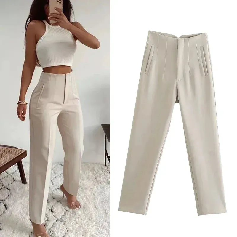 TRAF High Waist Pencil Trousers for Women - Office Wear Formal Pants in Black, Pink, White