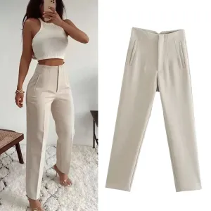 TRAF High Waist Pencil Trousers for Women - Office Wear Formal Pants in Black, Pink, White