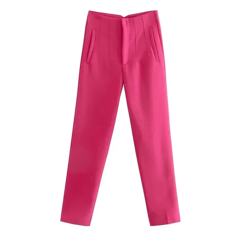 TRAF High Waist Pencil Trousers for Women - Office Wear Formal Pants in Black, Pink, White