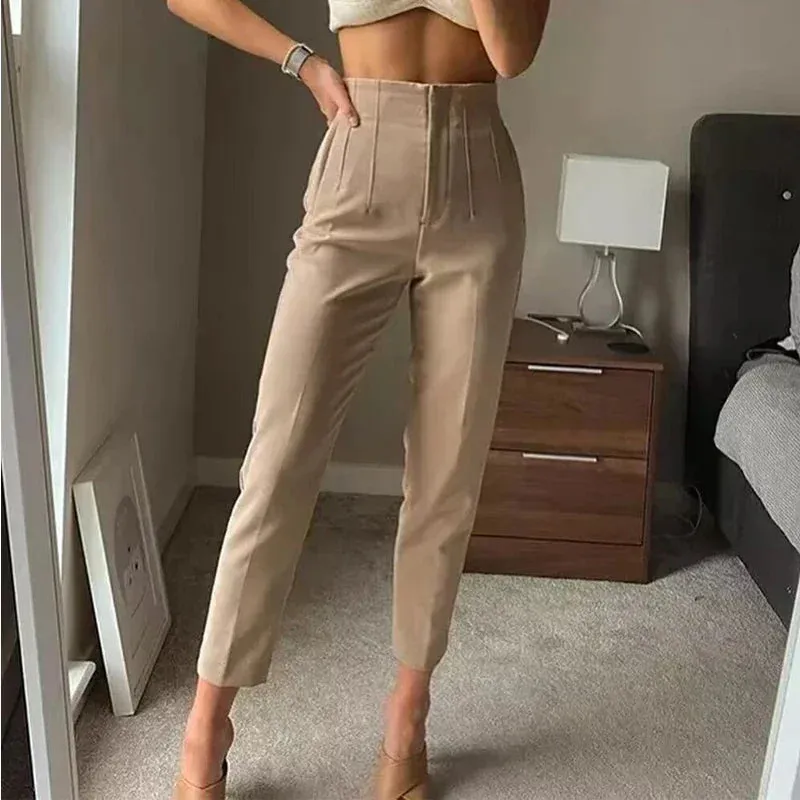 TRAF High Waist Pencil Trousers for Women - Office Wear Formal Pants in Black, Pink, White