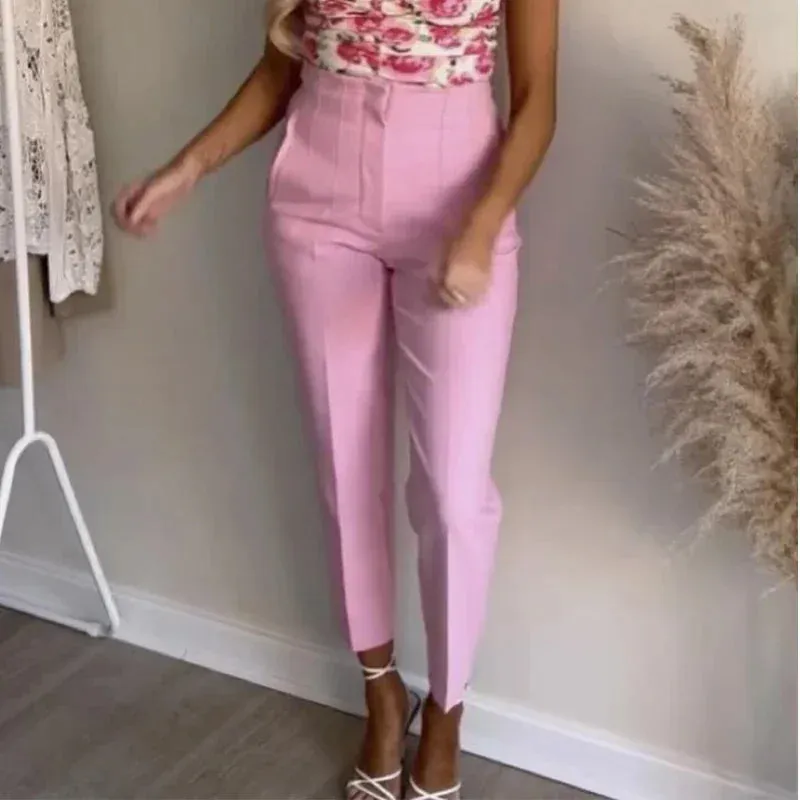 TRAF High Waist Pencil Trousers for Women - Office Wear Formal Pants in Black, Pink, White