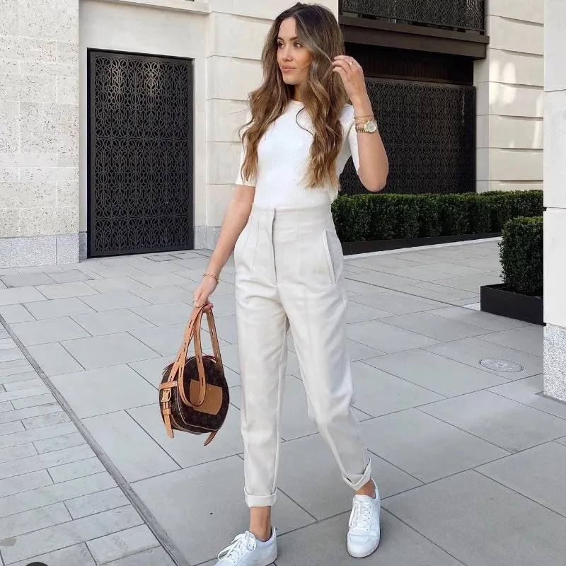 TRAF High Waist Pencil Trousers for Women - Office Wear Formal Pants in Black, Pink, White